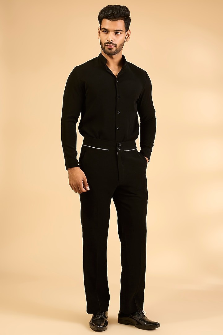 Black Polyester Pants by Rohit Doshi at Pernia's Pop Up Shop