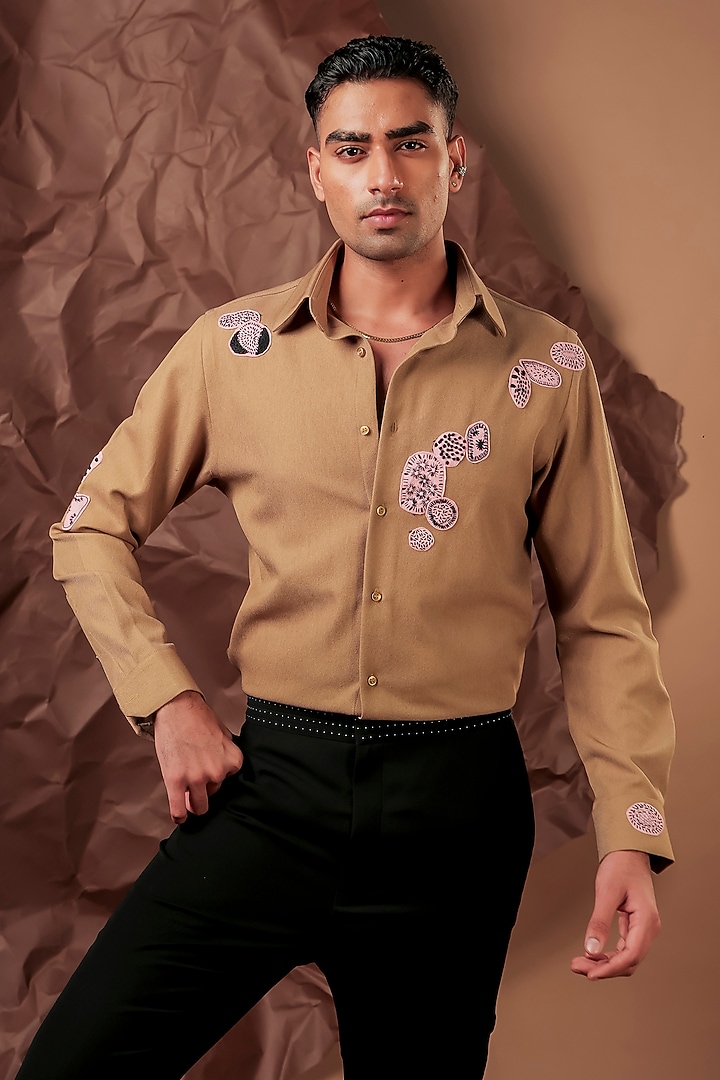 Dark Beige Cotton Twill Party Wear Shirt by Rohit Doshi at Pernia's Pop Up Shop