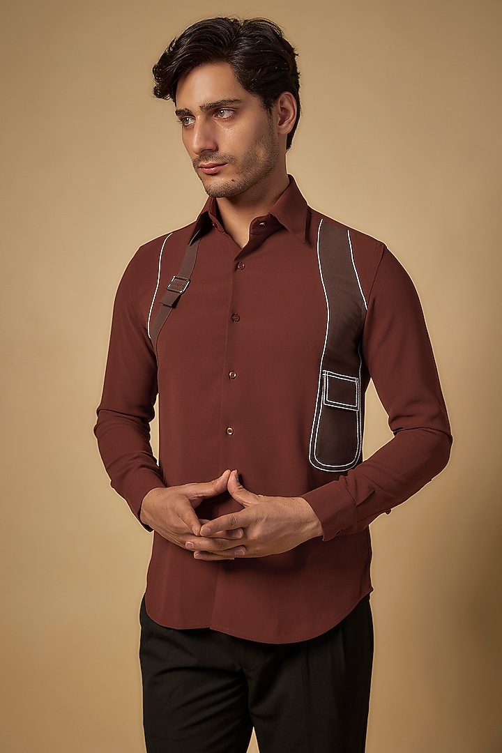 Dark Rust Lachka & Armani Fabric Party Wear Shirt by Rohit Doshi at Pernia's Pop Up Shop