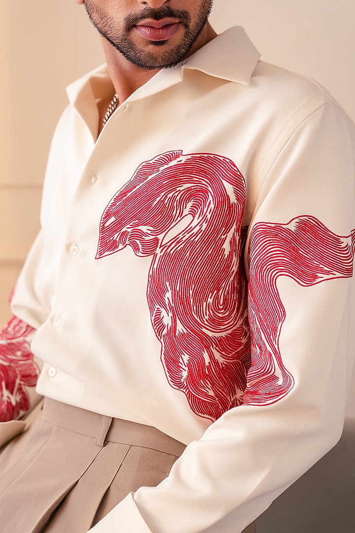 Off-White Lachka & Armani Fabric Abstract Printed Wedding Shirt by Rohit Doshi at Pernia's Pop Up Shop