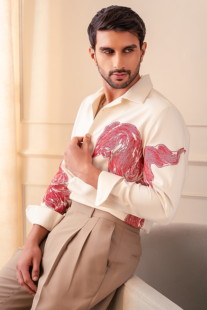 Off-White Lachka & Armani Fabric Abstract Printed Wedding Shirt by Rohit Doshi at Pernia's Pop Up Shop