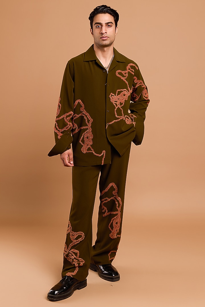 Olive Poly Crepe Handwork Co-Ord Set by Rohit Doshi at Pernia's Pop Up Shop