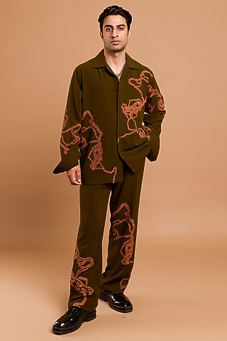Olive Poly Crepe Handwork Co-Ord Set by Rohit Doshi