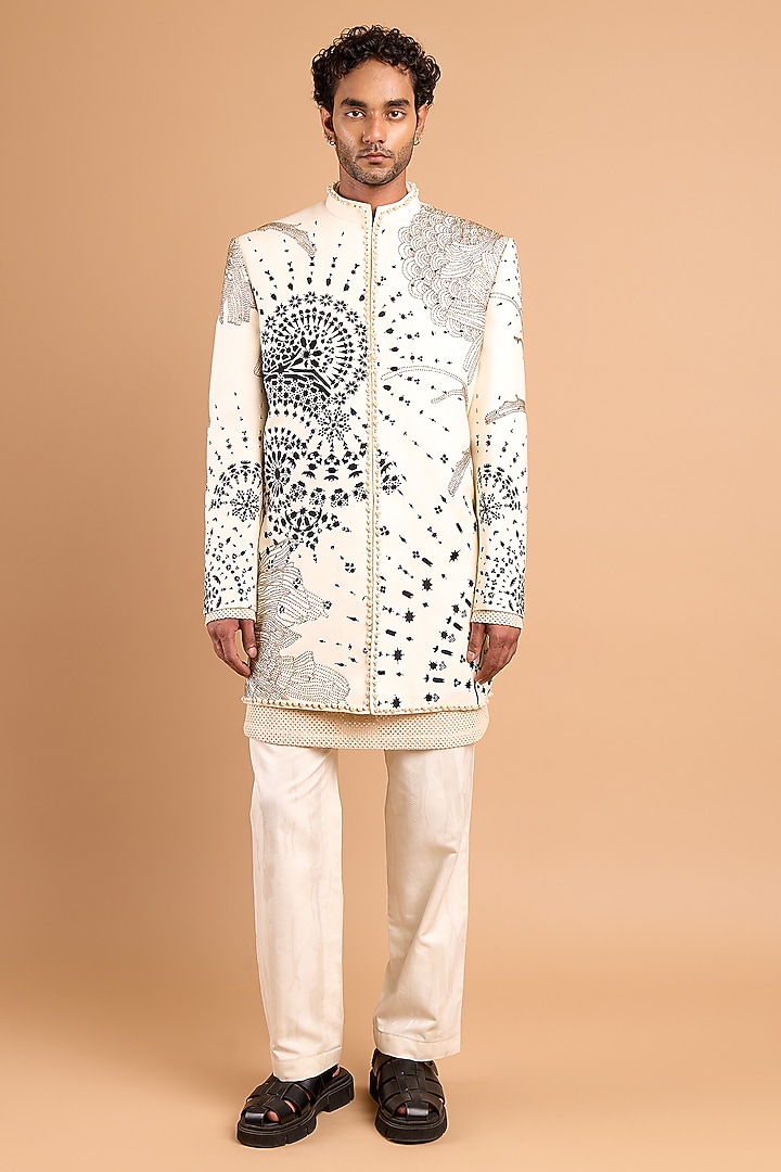 Off-White Cotton Crepe Rayon Handwork Wedding Indowestern by Rohit Doshi at Pernia's Pop Up Shop