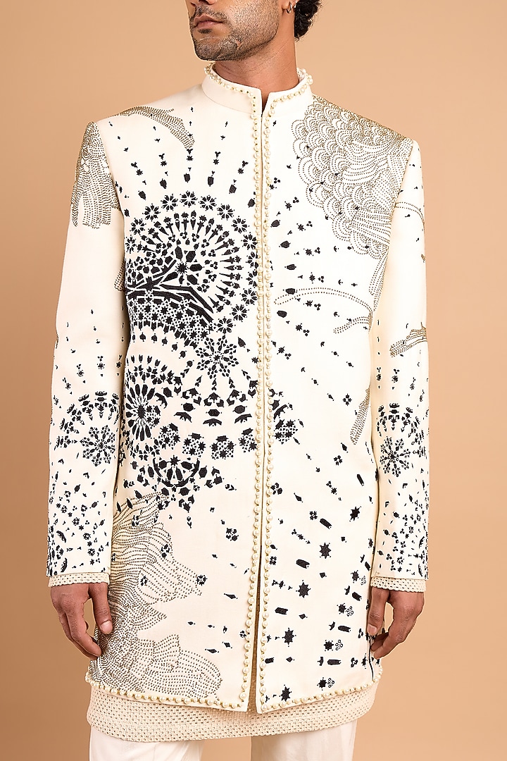 Off-White Cotton Crepe Rayon Handwork Wedding Indowestern by Rohit Doshi at Pernia's Pop Up Shop