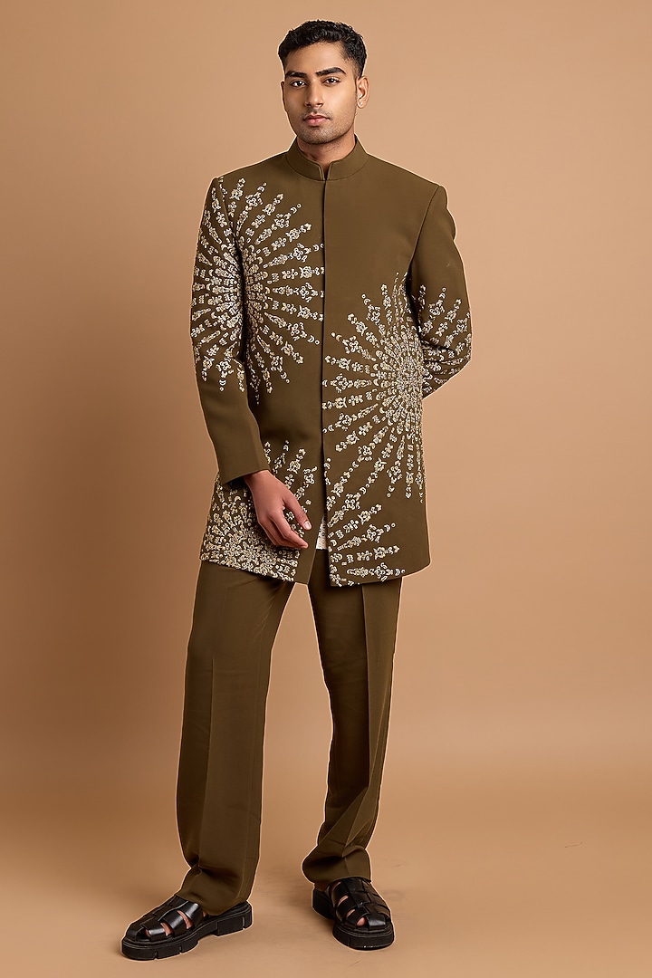 Olive Crepe Handwork Wedding Indowestern by Rohit Doshi at Pernia's Pop Up Shop