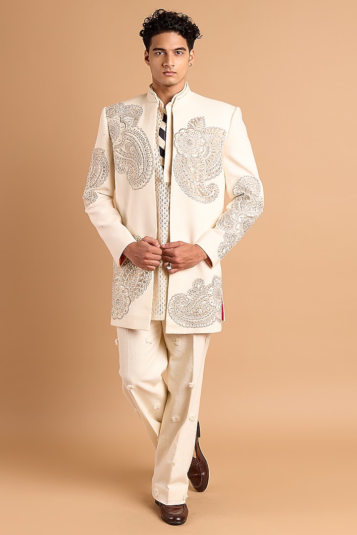 Off-White Cotton Matka Handwork Wedding Indowestern by Rohit Doshi at Pernia's Pop Up Shop