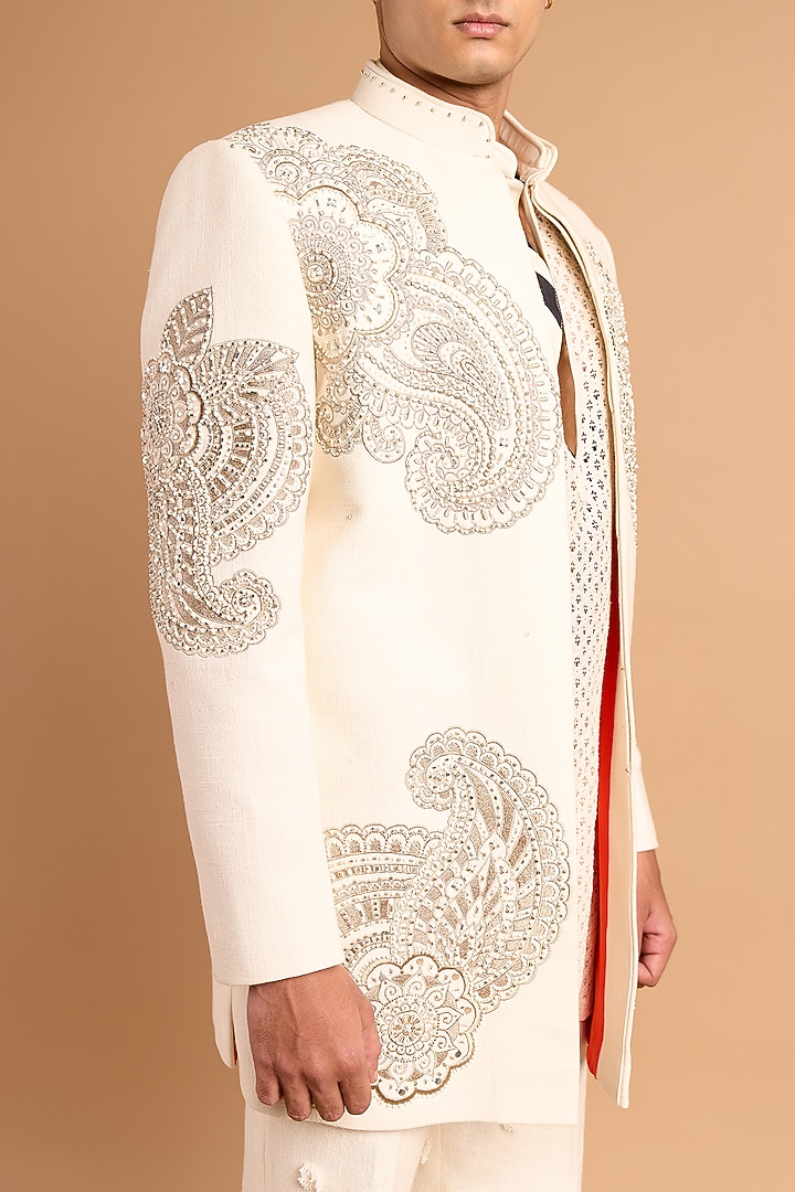 Off-White Cotton Matka Handwork Wedding Indowestern by Rohit Doshi at Pernia's Pop Up Shop