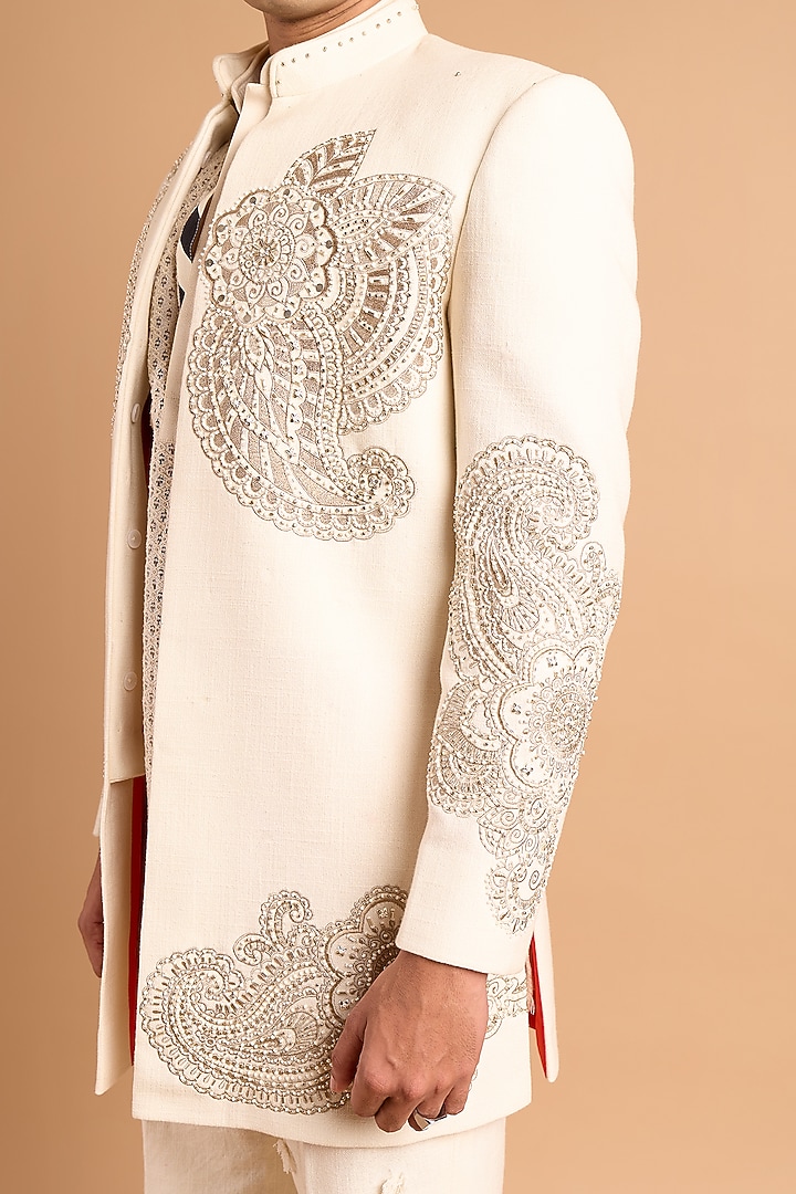 Off-White Cotton Matka Handwork Wedding Indowestern by Rohit Doshi at Pernia's Pop Up Shop