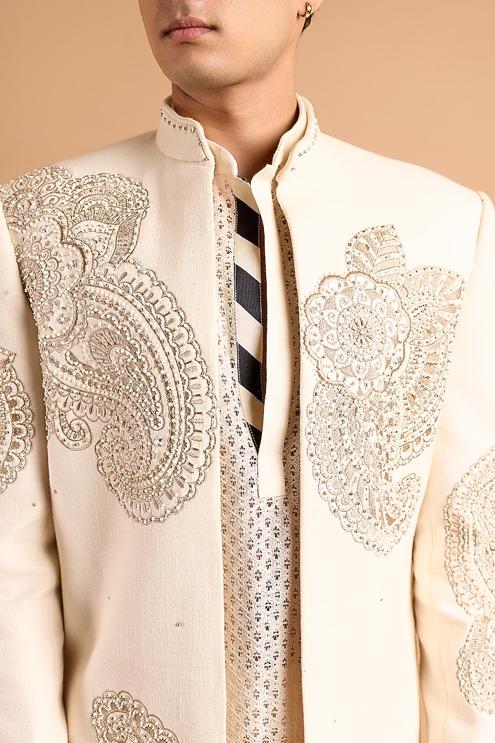Off-White Cotton Matka Handwork Wedding Indowestern by Rohit Doshi at Pernia's Pop Up Shop