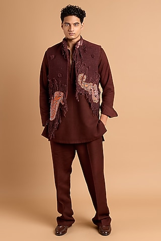 Brown Cotton Crepe Rayon Tasselled Bundi Jacket by Rohit Doshi
