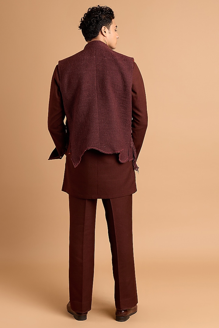 Brown Cotton Crepe Rayon Tasselled Bundi Jacket by Rohit Doshi at Pernia's Pop Up Shop