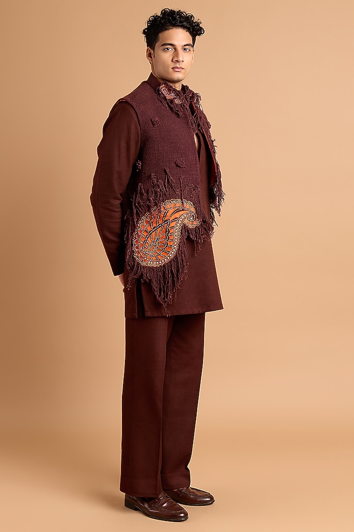 Brown Cotton Crepe Rayon Tasselled Bundi Jacket by Rohit Doshi at Pernia's Pop Up Shop