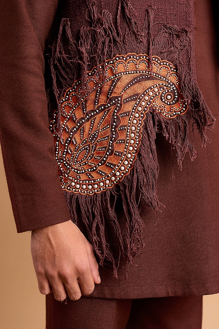 Brown Cotton Crepe Rayon Tasselled Bundi Jacket by Rohit Doshi at Pernia's Pop Up Shop
