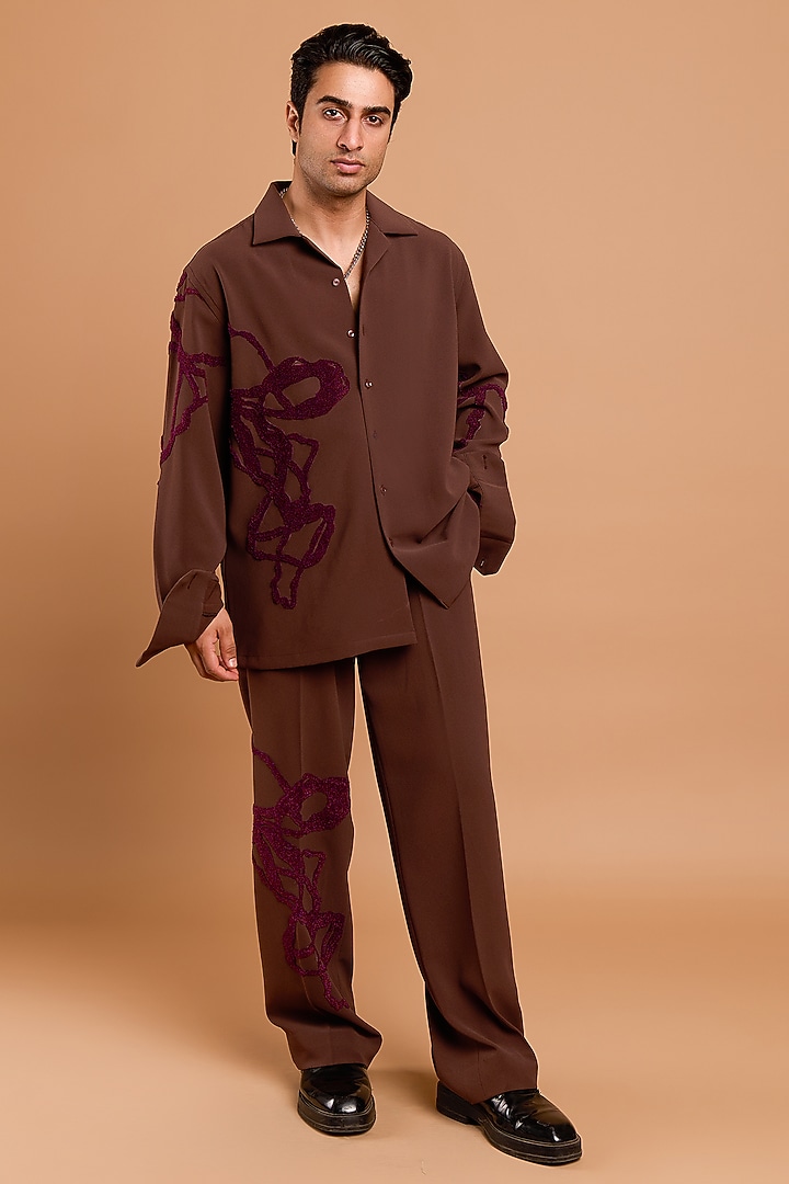 Light Brown Poly Crepe Handwork Co-Ord Set by Rohit Doshi at Pernia's Pop Up Shop