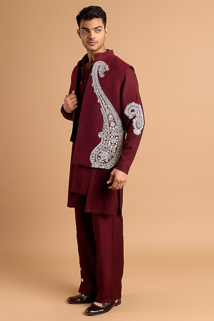 Maroon Cotton Matka Bundi Jacket by Rohit Doshi at Pernia's Pop Up Shop