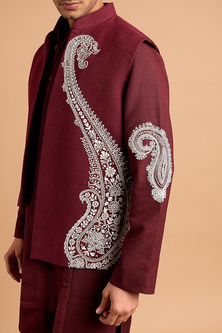 Maroon Cotton Matka Bundi Jacket by Rohit Doshi at Pernia's Pop Up Shop