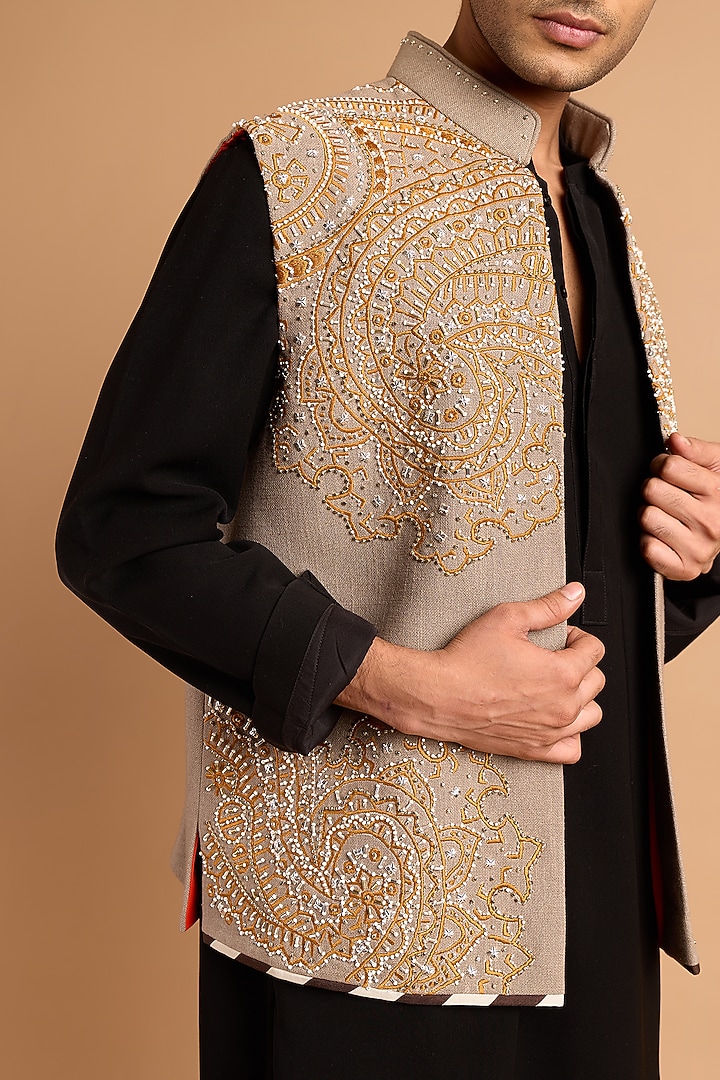 Grey Green Cotton Matka Bundi Jacket by Rohit Doshi at Pernia's Pop Up Shop