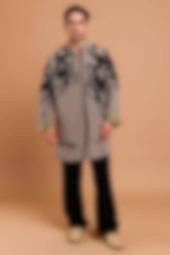 Grey Poly Crepe Bundi Jacket by Rohit Doshi at Pernia's Pop Up Shop