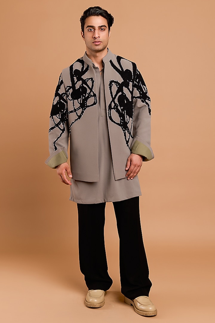 Grey Poly Crepe Bundi Jacket by Rohit Doshi at Pernia's Pop Up Shop