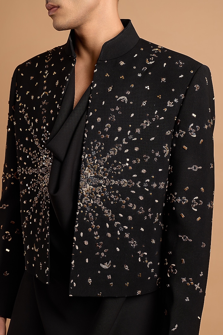 Black Lachka & Armani Fabric Handwork Cropped Jodhpuri by Rohit Doshi at Pernia's Pop Up Shop