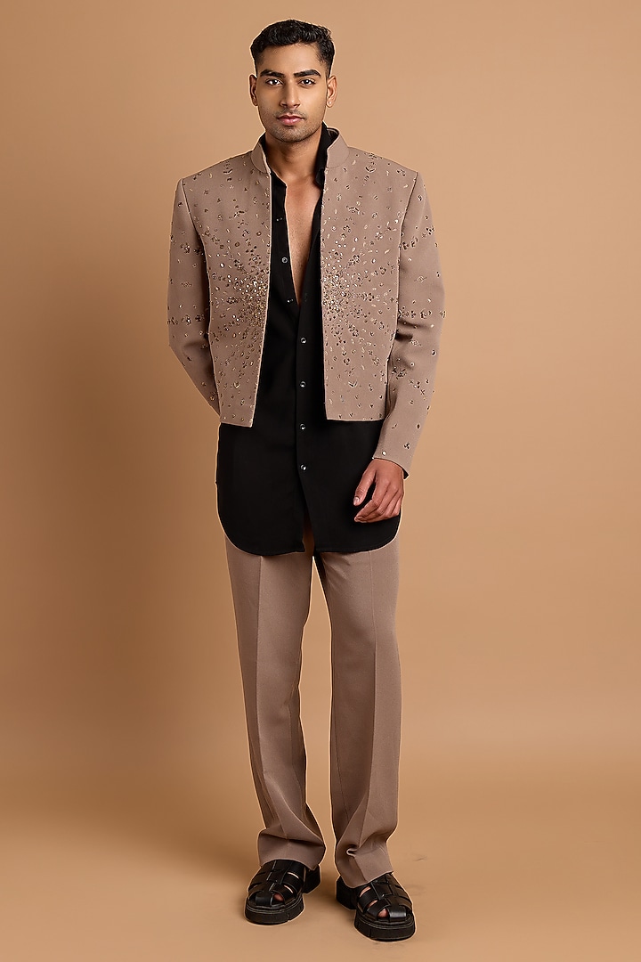Light Beige Lachka & Armani Fabric Handwork Cropped Jodhpuri by Rohit Doshi at Pernia's Pop Up Shop