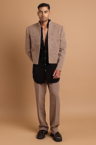 Light Beige Lachka & Armani Fabric Handwork Cropped Jodhpuri by Rohit Doshi