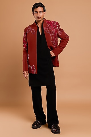 Dark Rust Poly Crepe Jodhpuri by Rohit Doshi