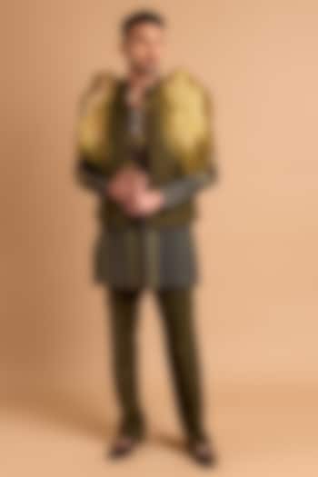 Olive Cotton Matka Handwork Bundi Jacket Set by Rohit Doshi at Pernia's Pop Up Shop