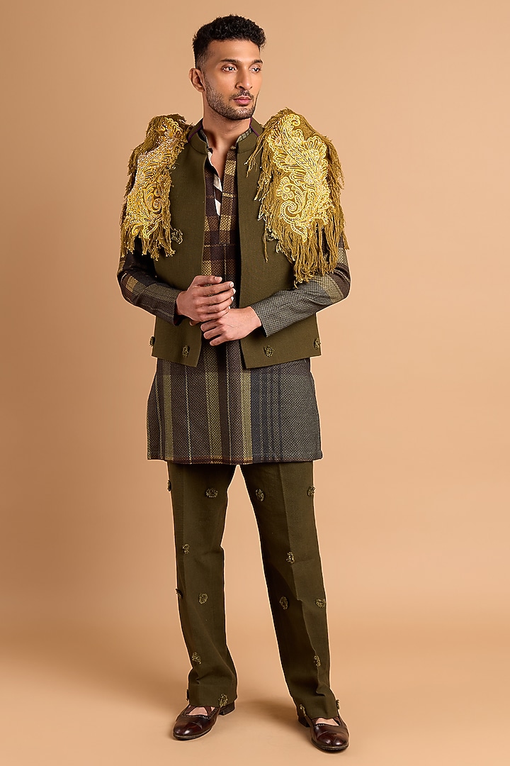 Olive Cotton Matka Handwork Bundi Jacket Set by Rohit Doshi at Pernia's Pop Up Shop