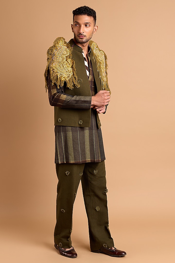 Olive Cotton Matka Handwork Bundi Jacket Set by Rohit Doshi at Pernia's ...