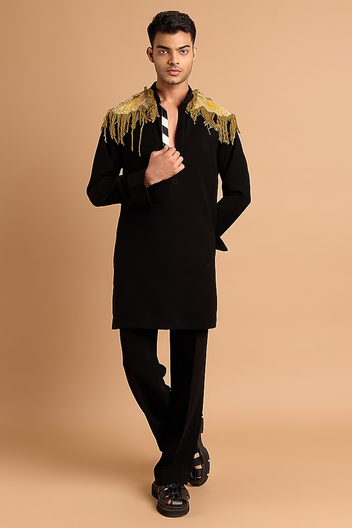 Black Lachka & Armani Fabric Handwork Kurta by Rohit Doshi at Pernia's Pop Up Shop