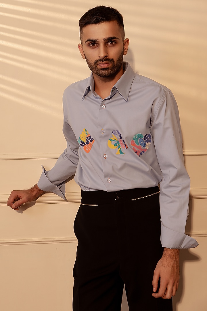 Light Blue Suiting Fabric Handwork Party Wear Shirt by Rohit Doshi at Pernia's Pop Up Shop