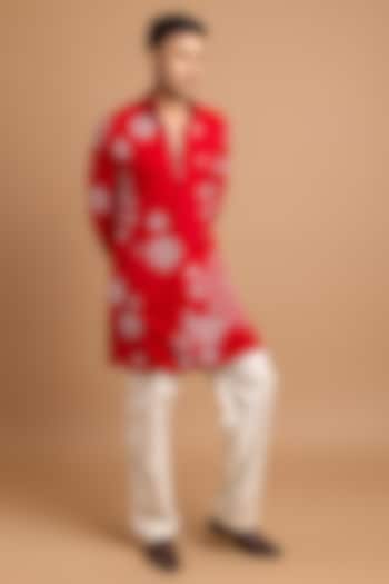 Red Lachka & Armani Fabric Handwork Kurta by Rohit Doshi at Pernia's Pop Up Shop