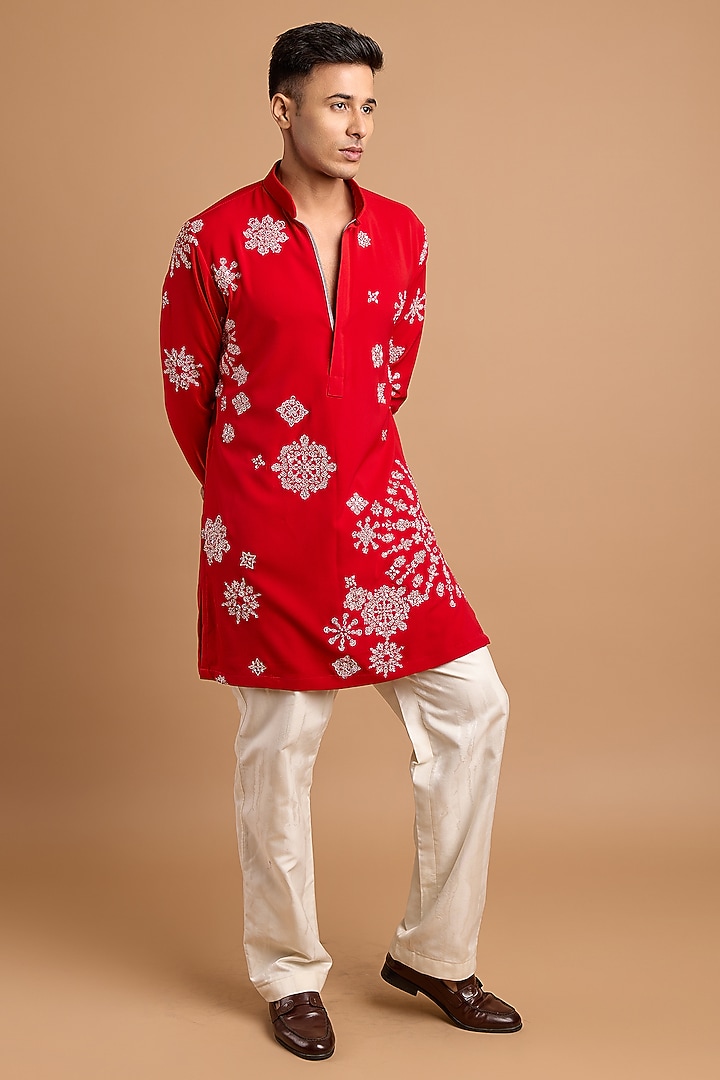 Red Lachka & Armani Fabric Handwork Kurta by Rohit Doshi at Pernia's Pop Up Shop