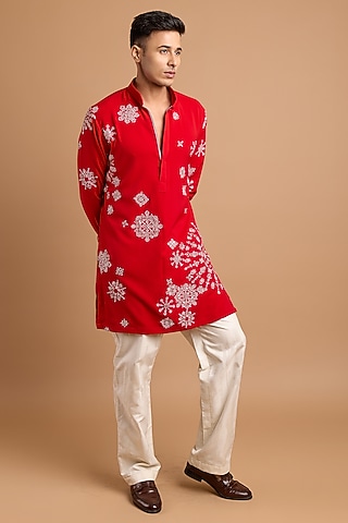 Red Lachka & Armani Fabric Handwork Kurta by Rohit Doshi