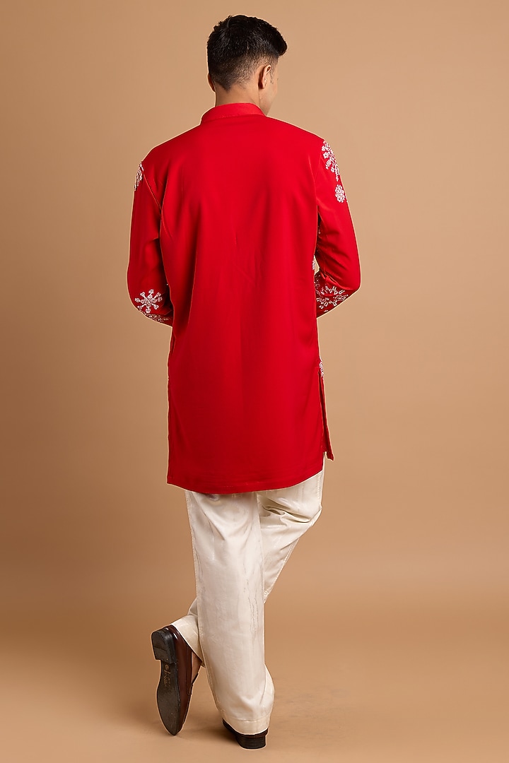 Red Lachka & Armani Fabric Handwork Kurta by Rohit Doshi at Pernia's Pop Up Shop