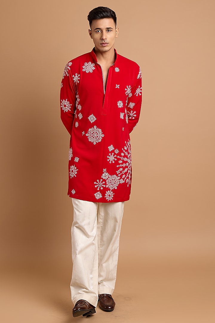 Red Lachka & Armani Fabric Handwork Kurta by Rohit Doshi at Pernia's Pop Up Shop