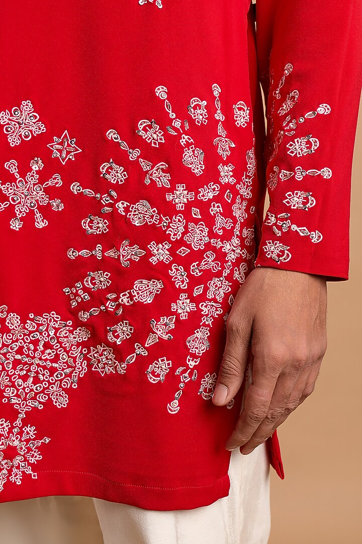 Red Lachka & Armani Fabric Handwork Kurta by Rohit Doshi at Pernia's Pop Up Shop