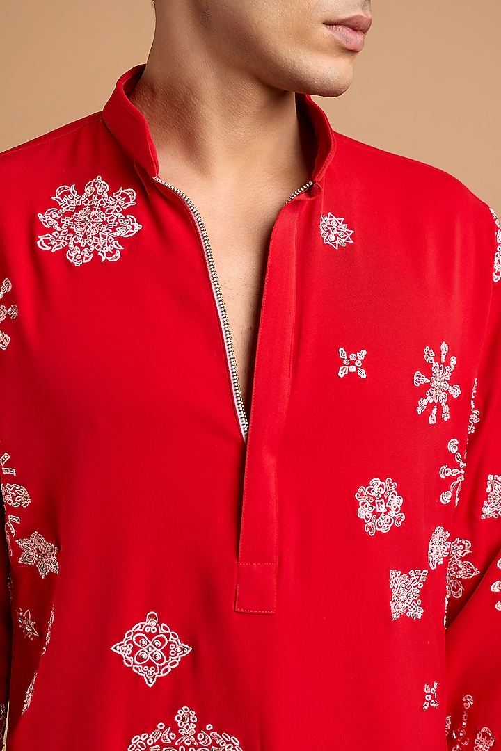 Red Lachka & Armani Fabric Handwork Kurta by Rohit Doshi at Pernia's Pop Up Shop