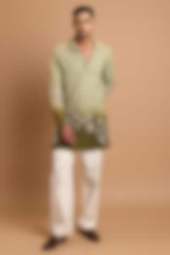 Sage-Dark Olive Green Cotton Matka Floral Printed Kurta  by Rohit Doshi at Pernia's Pop Up Shop