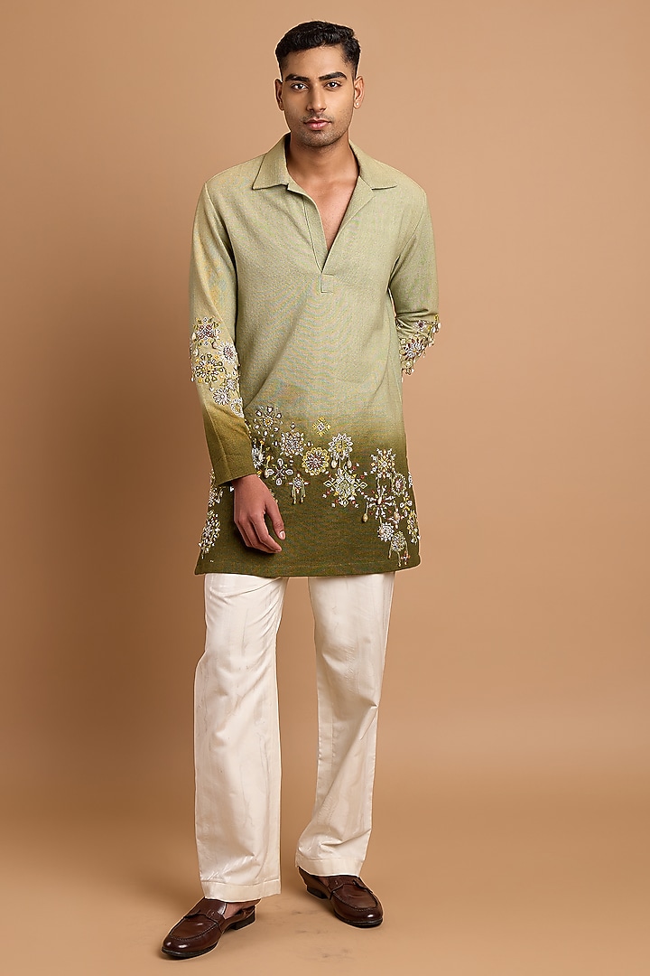 Sage-Dark Olive Green Cotton Matka Floral Printed Kurta  by Rohit Doshi at Pernia's Pop Up Shop