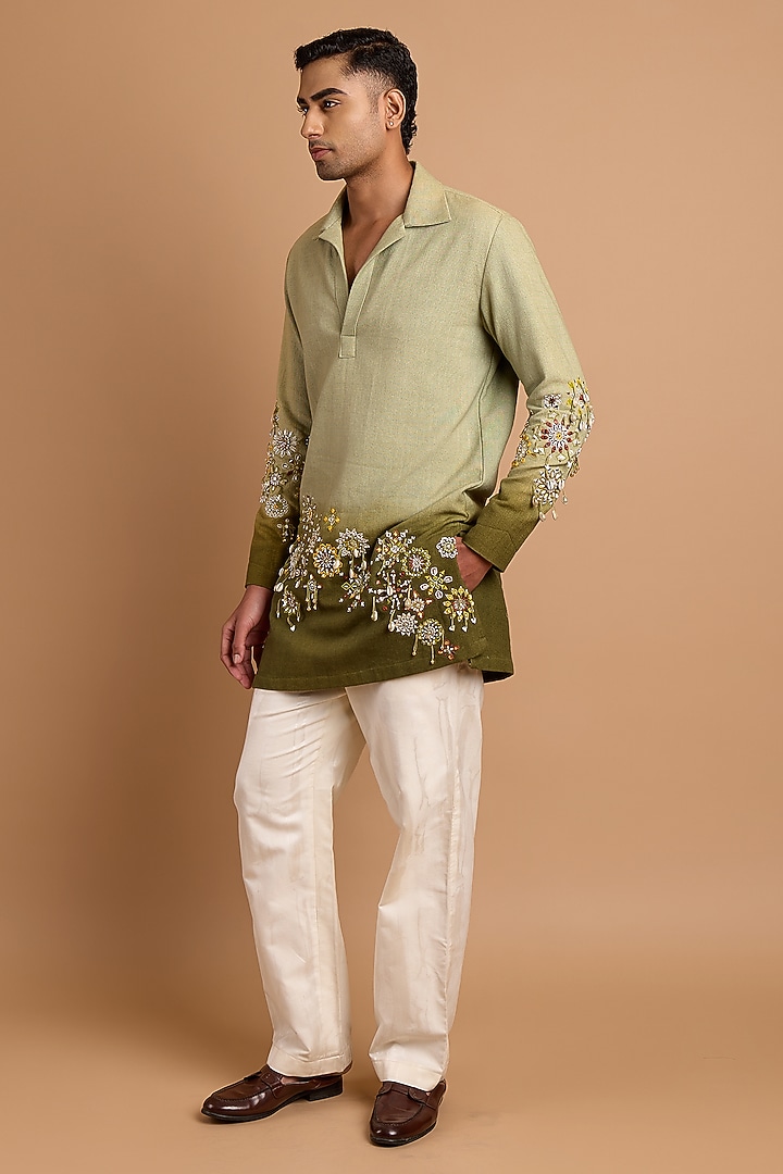 Sage-Dark Olive Green Cotton Matka Floral Printed Kurta by Rohit Doshi at Pernia's Pop Up Shop