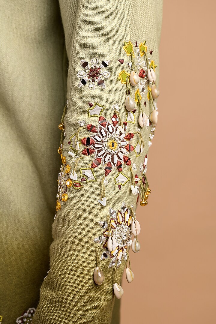 Sage-Dark Olive Green Cotton Matka Floral Printed Kurta by Rohit Doshi at Pernia's Pop Up Shop