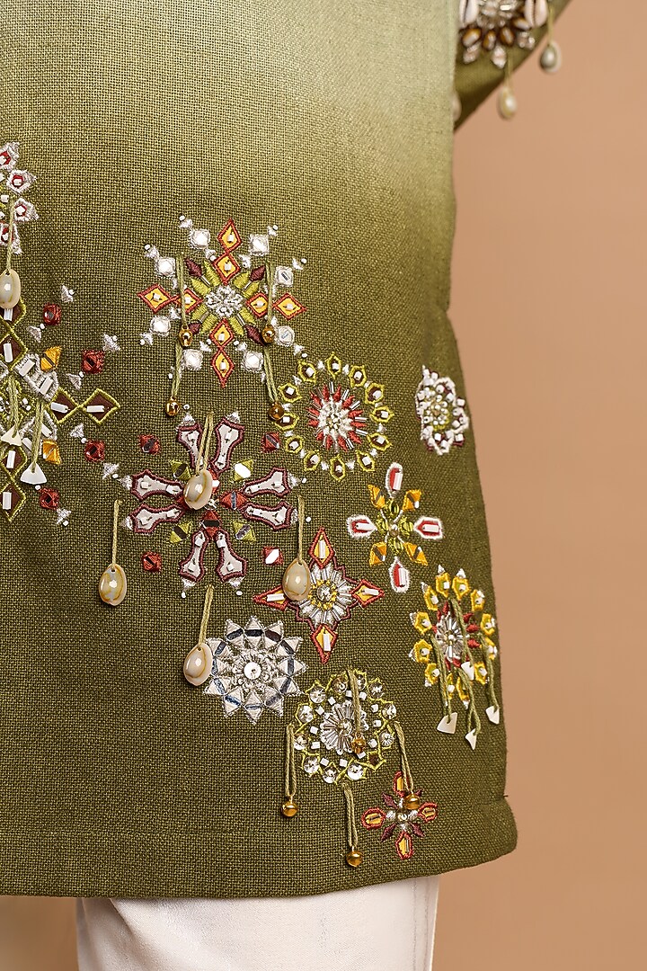 Sage-Dark Olive Green Cotton Matka Floral Printed Kurta by Rohit Doshi at Pernia's Pop Up Shop