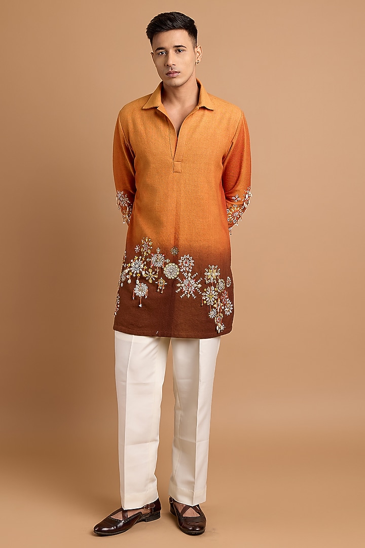 Rust-Brown Cotton Matka Floral Printed Kurta by Rohit Doshi at Pernia's Pop Up Shop