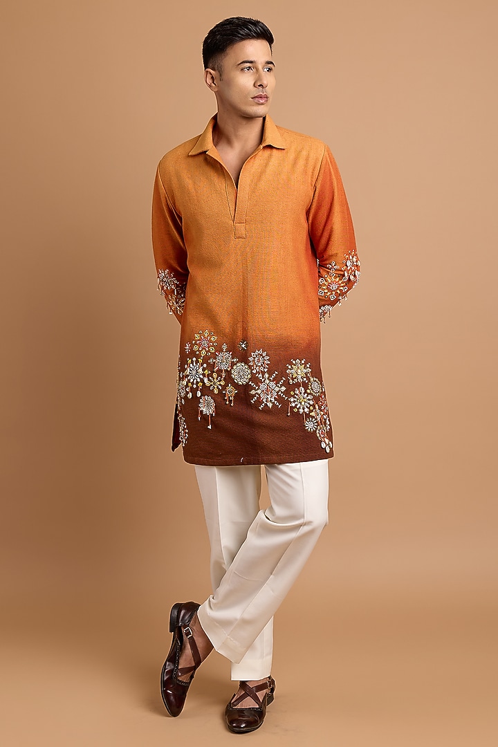 Rust-Brown Cotton Matka Floral Printed Kurta by Rohit Doshi at Pernia's Pop Up Shop