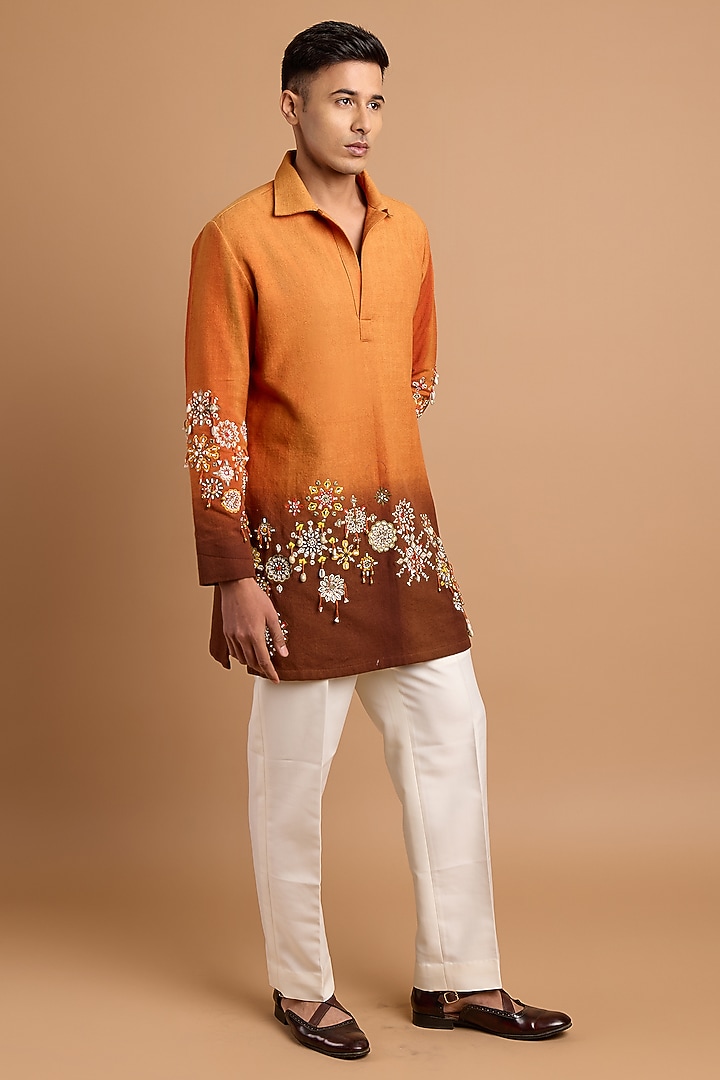 Rust-Brown Cotton Matka Floral Printed Kurta by Rohit Doshi at Pernia's Pop Up Shop