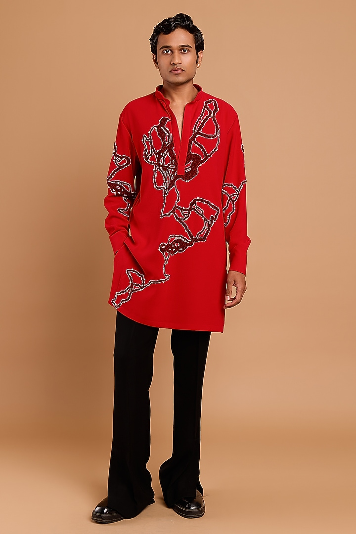 Red Poly Crepe Handwork Kurta by Rohit Doshi at Pernia's Pop Up Shop