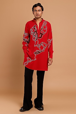 Red Poly Crepe Handwork Kurta by Rohit Doshi